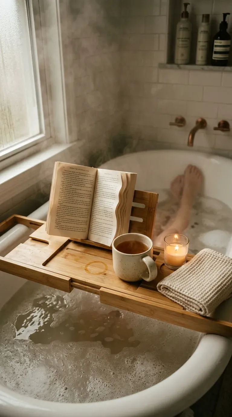 Bamboo bath caddy across a full tub holding a book candle and mug of tea
