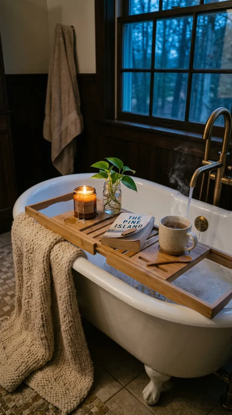 Bamboo bath tray across a tub holding a candle, small plant, and book