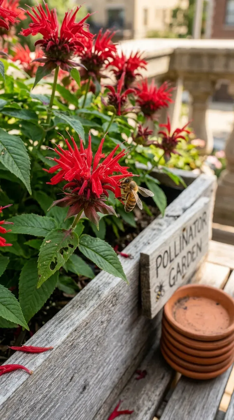 Wooden planter box with red bee balm flowers attracting a bee on a sunny balcony