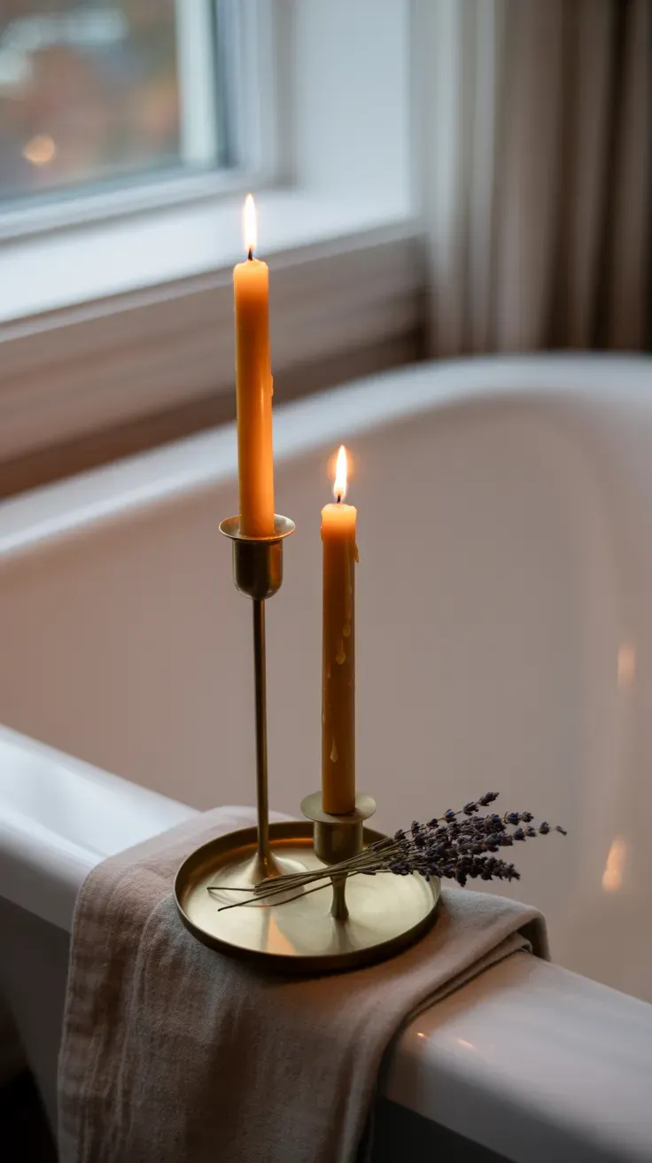 Two beeswax taper candles in a brass holder beside a bathroom tub