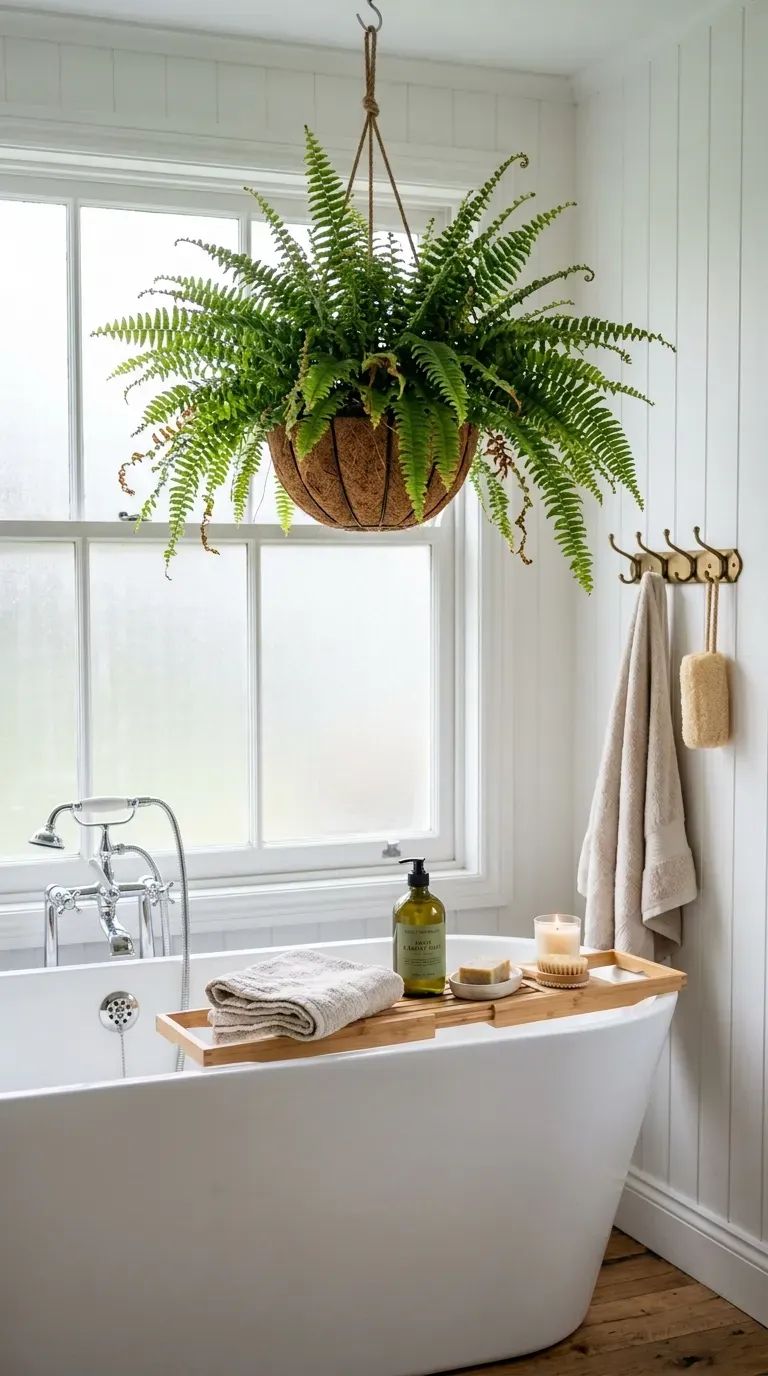 Lush Boston fern in coir hanging basket above a white freestanding bathtub