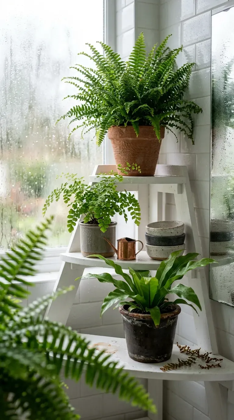 Grouped Boston fern maidenhair and bird's nest fern on shelving in a steamy bathroom