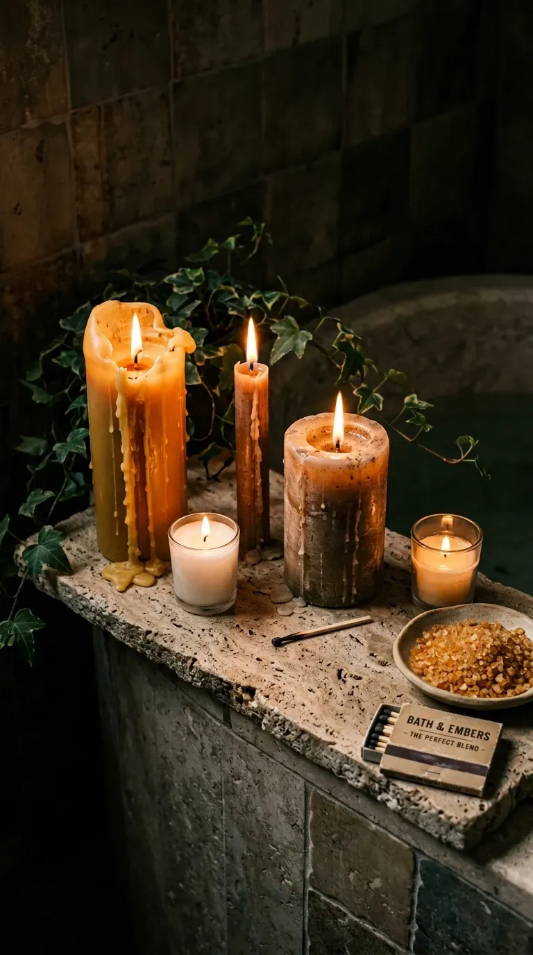 Group of lit pillar candles on a stone tray at the edge of a bath with foliage
