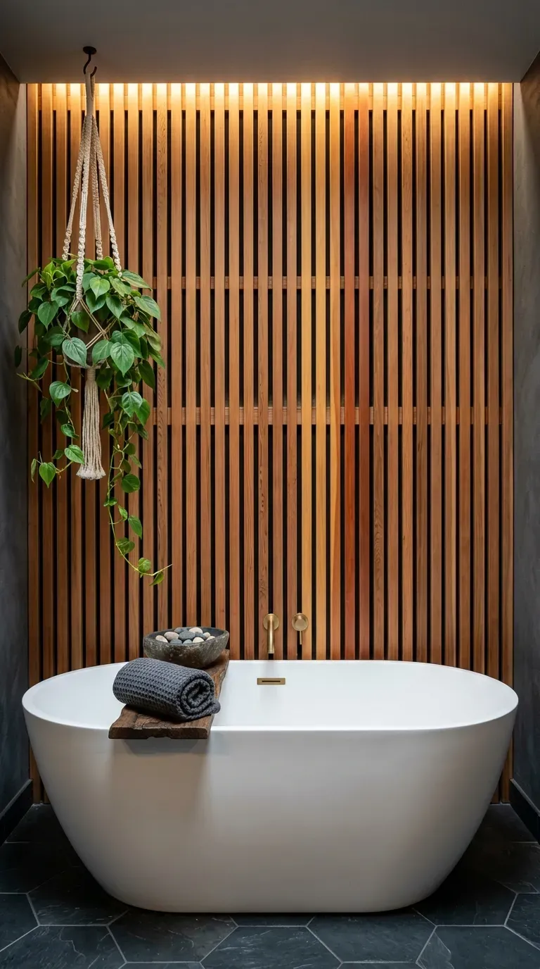 Vertical western red cedar slat wall behind a bath with hanging plant and stone bowl