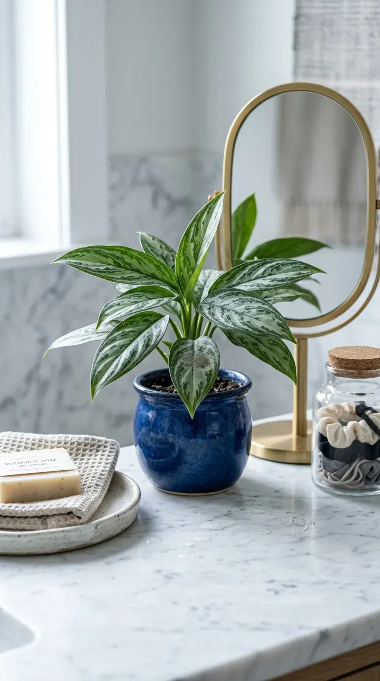 Silver-patterned Chinese evergreen in a small pot on a marble vanity