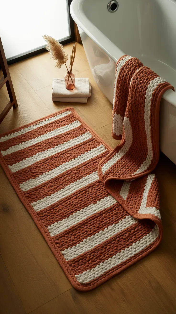 Thick chunky knit bath mat in rust and cream tones on a wood bathroom floor