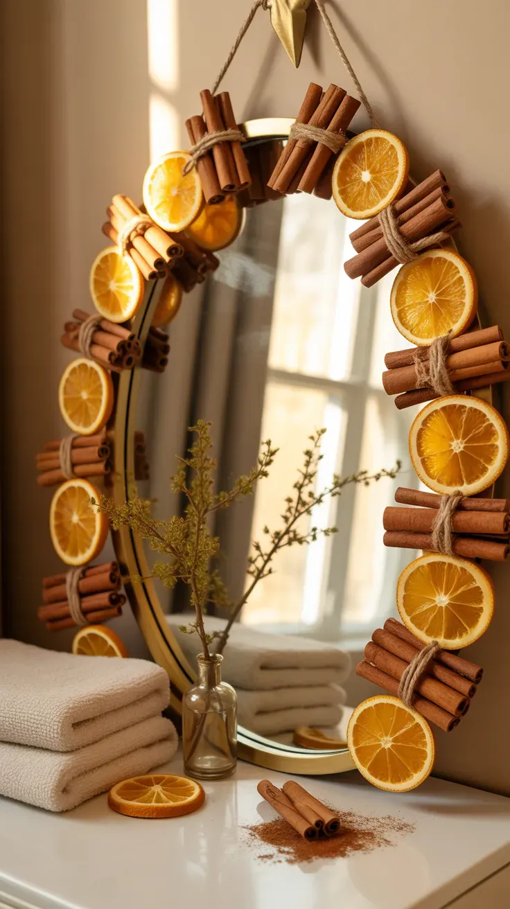 Garland of cinnamon sticks and dried orange slices draped around a round bathroom mirror