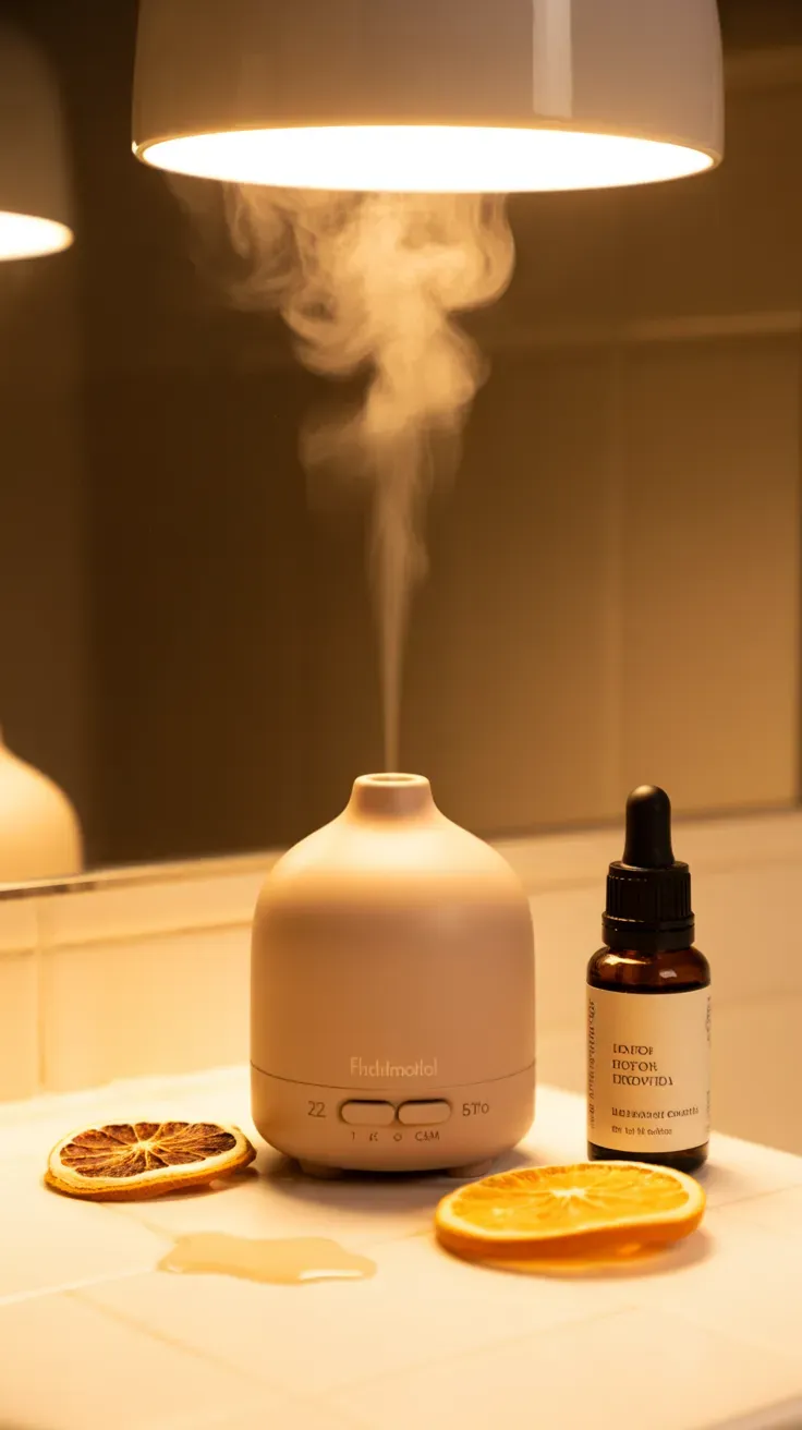 Small essential oil diffuser releasing mist on a bathroom counter beside dried orange slices