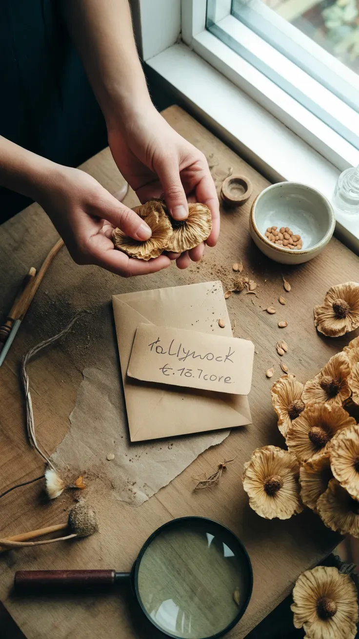 Brown papery hollyhock seed pods being emptied into a labeled paper envelope