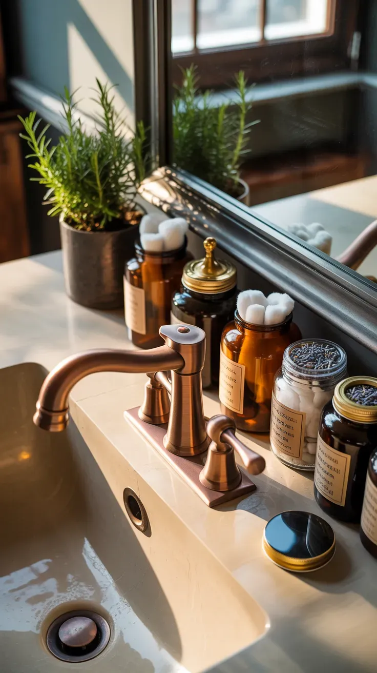 Copper faucet beside amber glass apothecary jars filled with cotton balls and bath salts