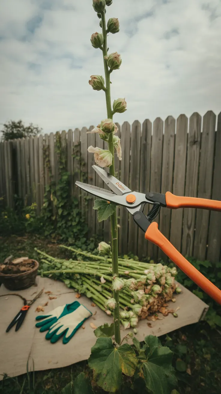 Loppers cutting a bare hollyhock stalk down near the leafy base rosette