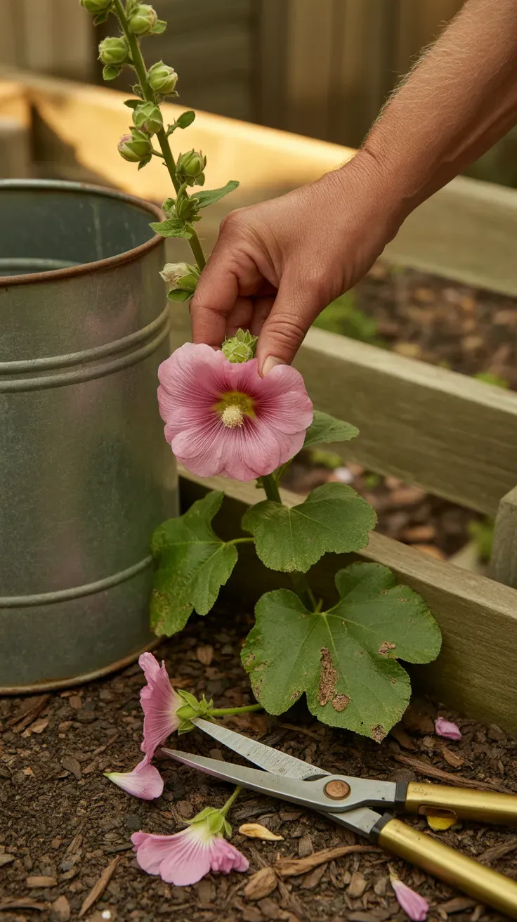 Gardener's hand pinching a faded hollyhock bloom off a tall flower spike