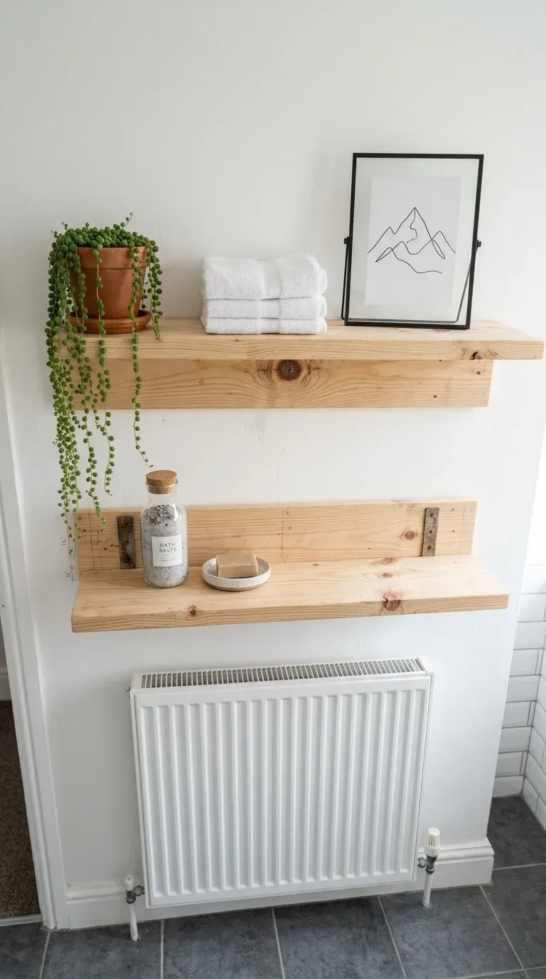 Two raw pine floating shelves holding small plants and folded towels