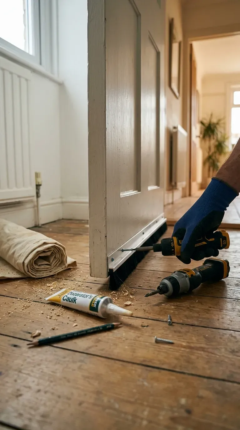 Brush draught excluder strip being fitted to the base of a painted bathroom door