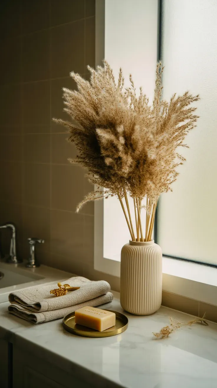 Tall pampas grass stems in a ribbed cream vase beside a bathroom sink