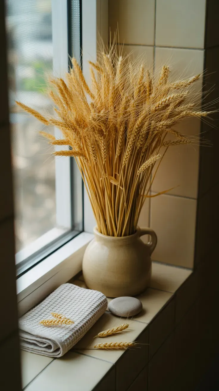 Bundle of dried wheat stalks in a stoneware crock on a bathroom windowsill