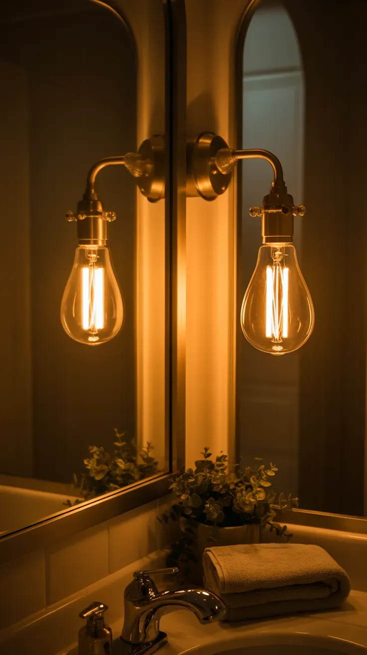 Pair of brass sconces with exposed Edison bulbs beside a bathroom mirror