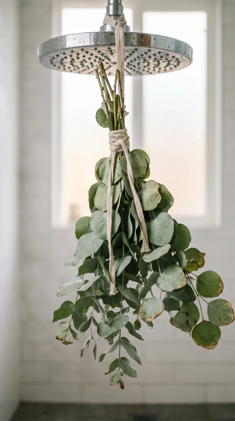 Fresh eucalyptus bundle tied to a shower head with linen twine