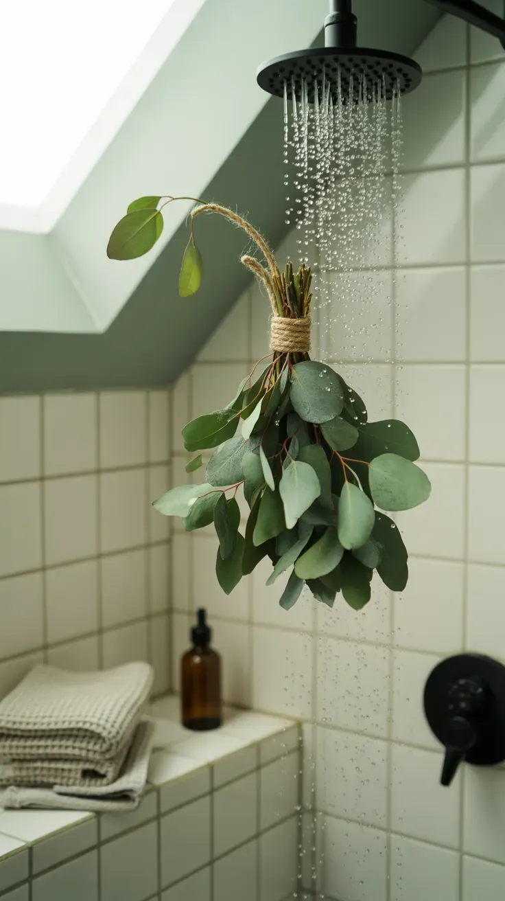 Fresh eucalyptus bundle tied with twine hanging from a shower head