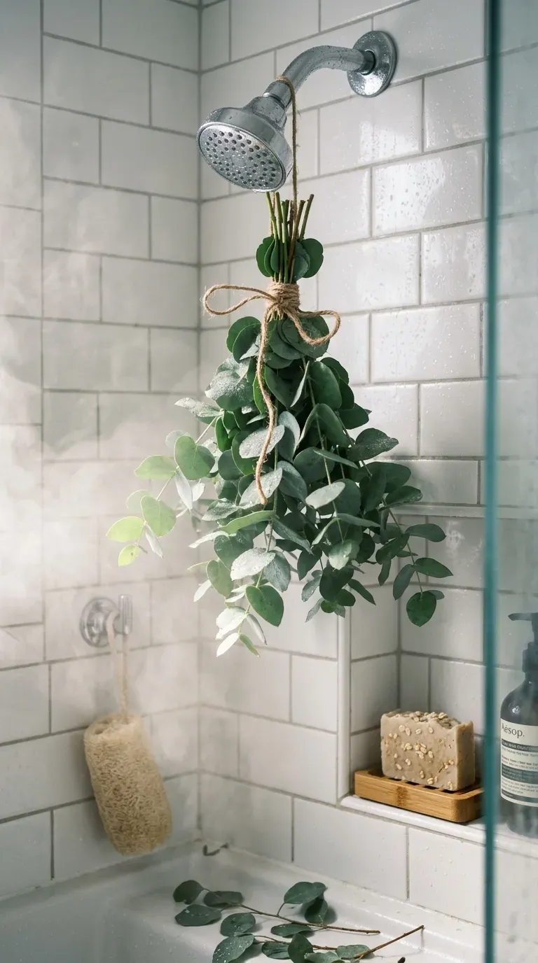 Fresh eucalyptus bundle tied with twine hanging beside a chrome showerhead in steam