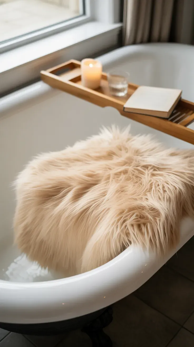 Cream faux fur throw draped over the edge of a white clawfoot bathtub