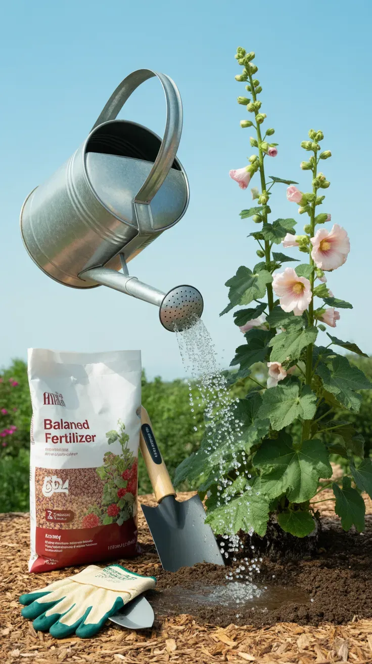 Watering can pouring diluted fertilizer at the base of a freshly cut back hollyhock