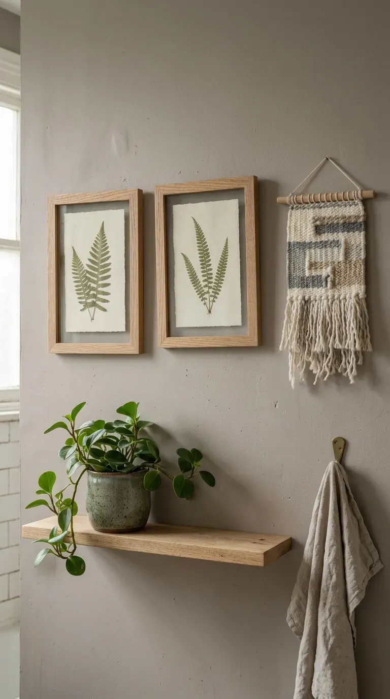 Two framed pressed fern prints and a small woven hanging on a warm painted bathroom wall