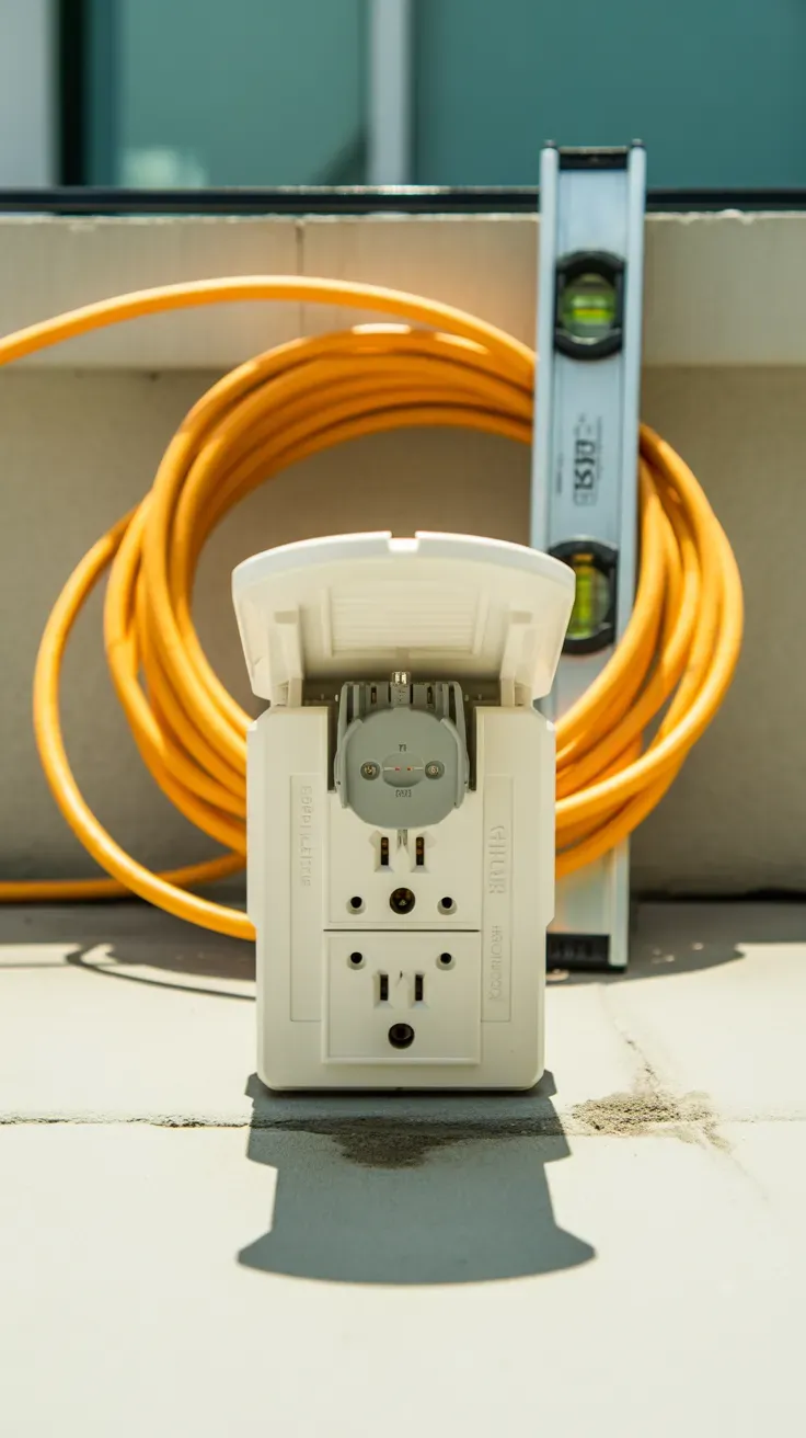 Weatherproof GFCI outdoor outlet with a string light cord plugged in under a protective cover