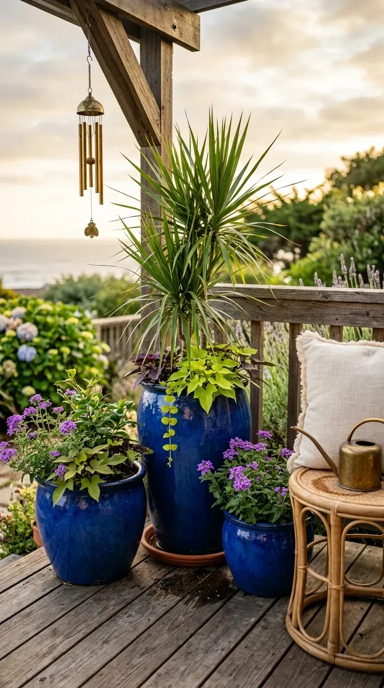 Grouped cobalt blue glazed ceramic pots with mixed greenery in a sunny deck corner