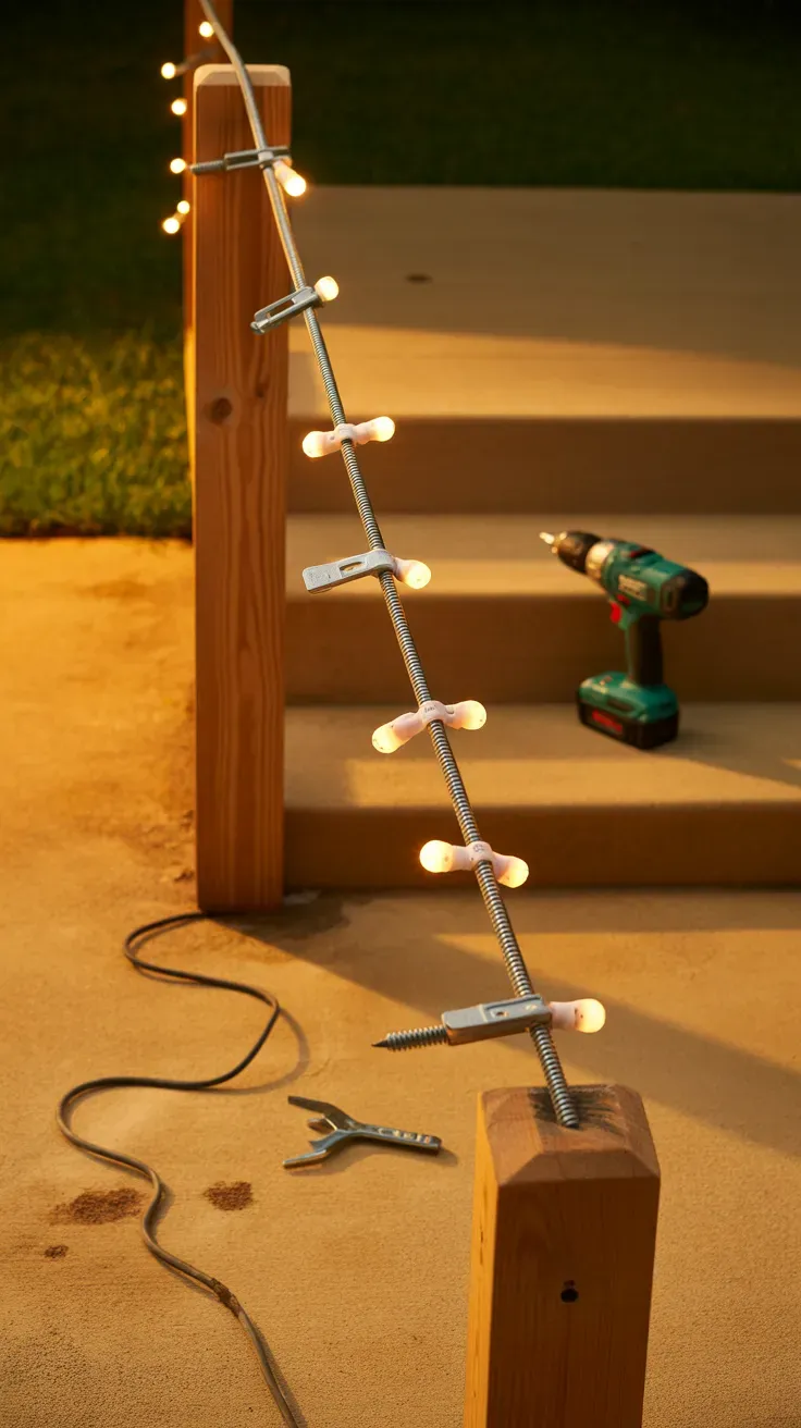 Taut steel guide wire strung between posts supporting outdoor string lights