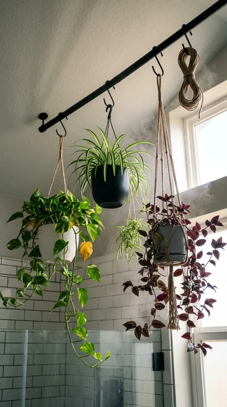 Pothos and spider plants hanging from a ceiling rail above a walk-in shower