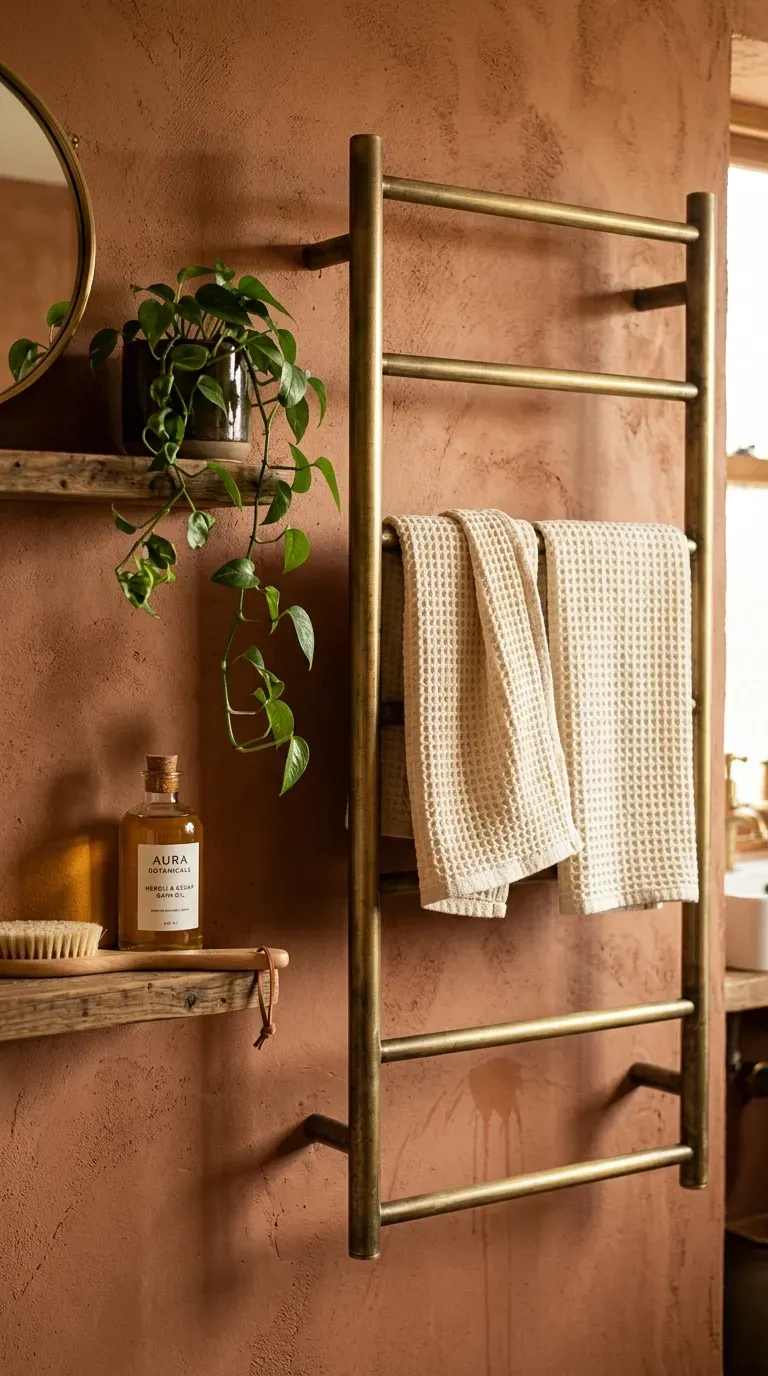 Brushed brass heated towel ladder holding waffle towels against a warm clay painted wall