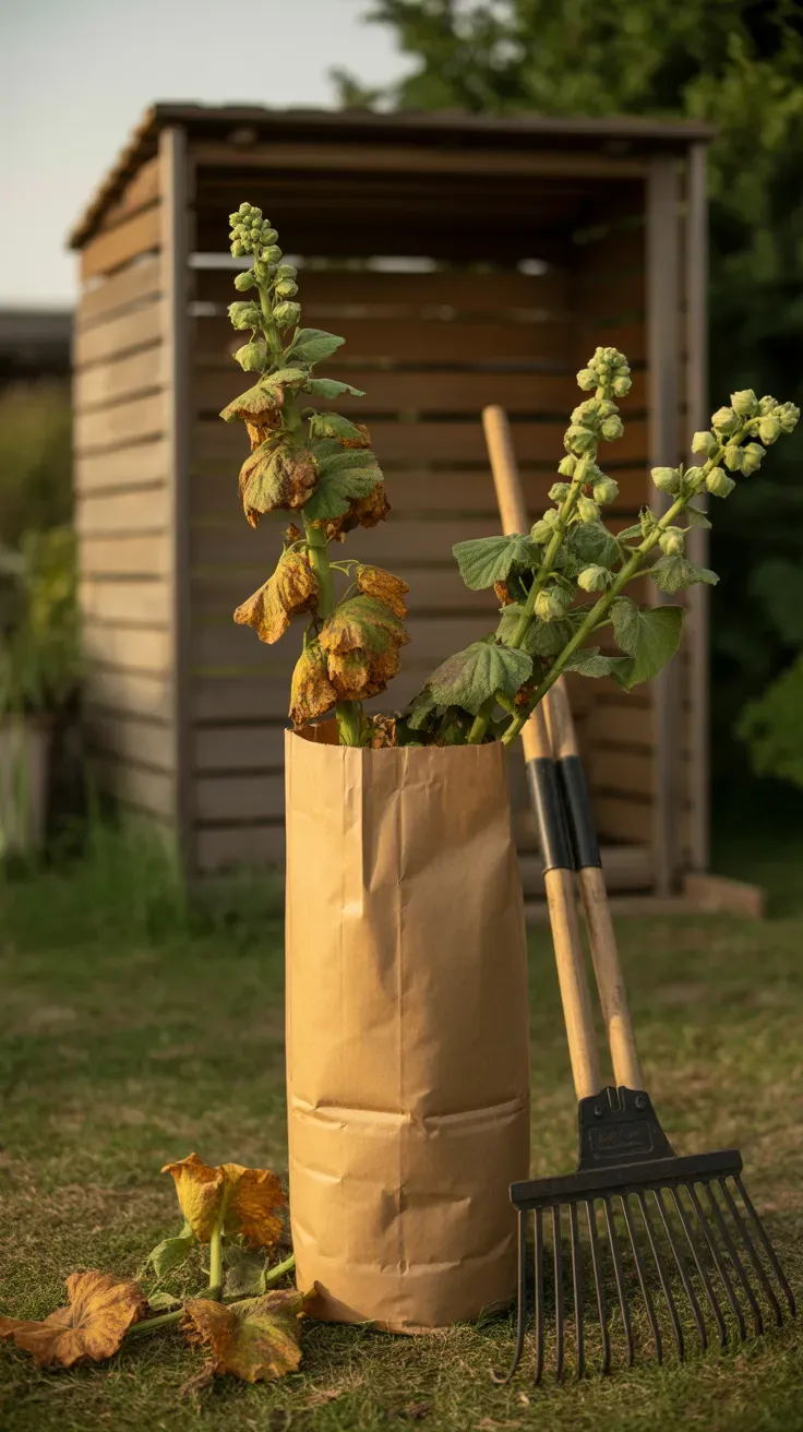 Cut hollyhock stems and leaves being bagged for trash instead of the compost bin