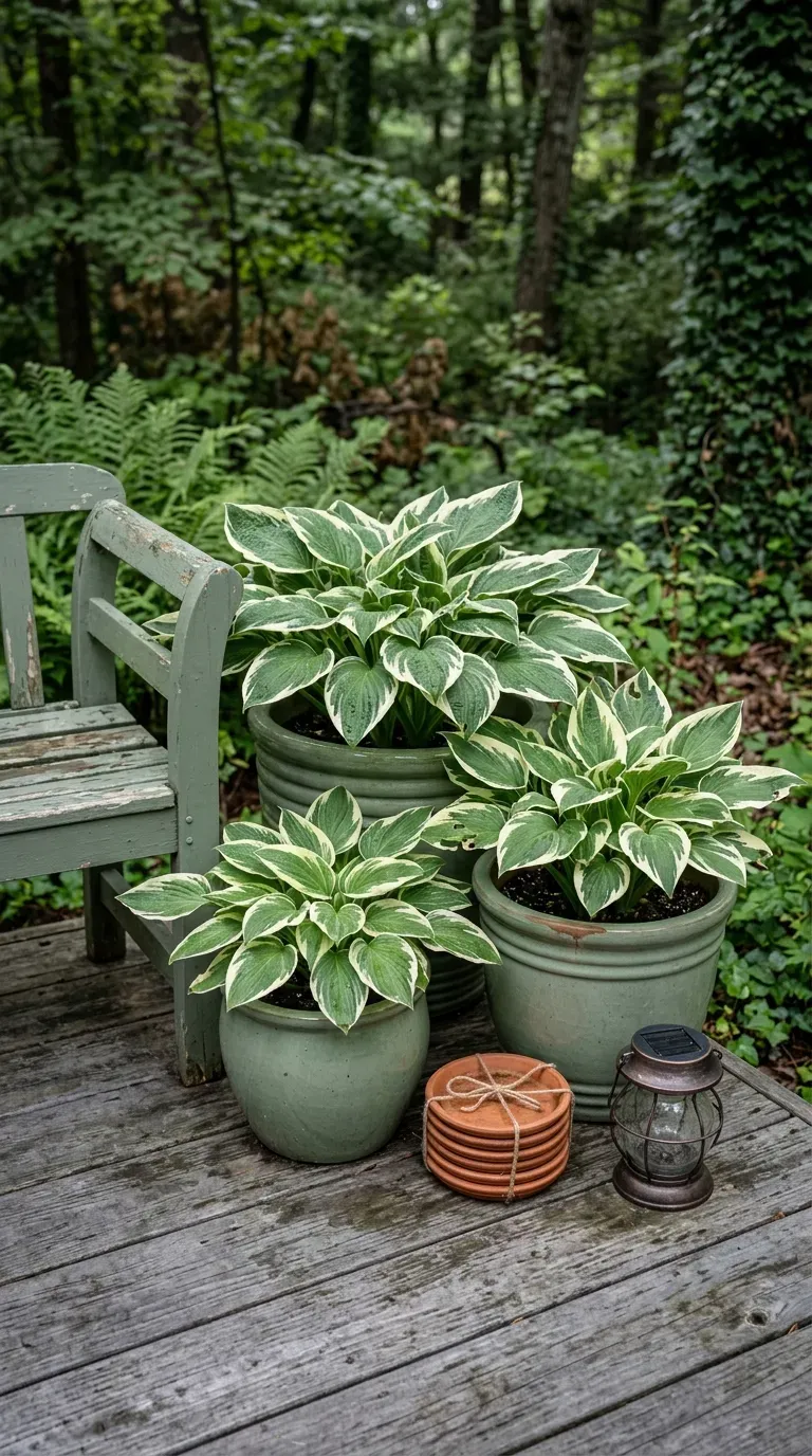 Cluster of variegated hostas in glazed ceramic pots along a shaded deck corner