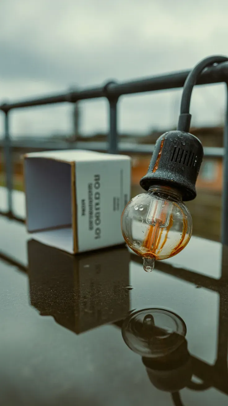 Close-up of a corroded string light socket after rain exposure on a patio