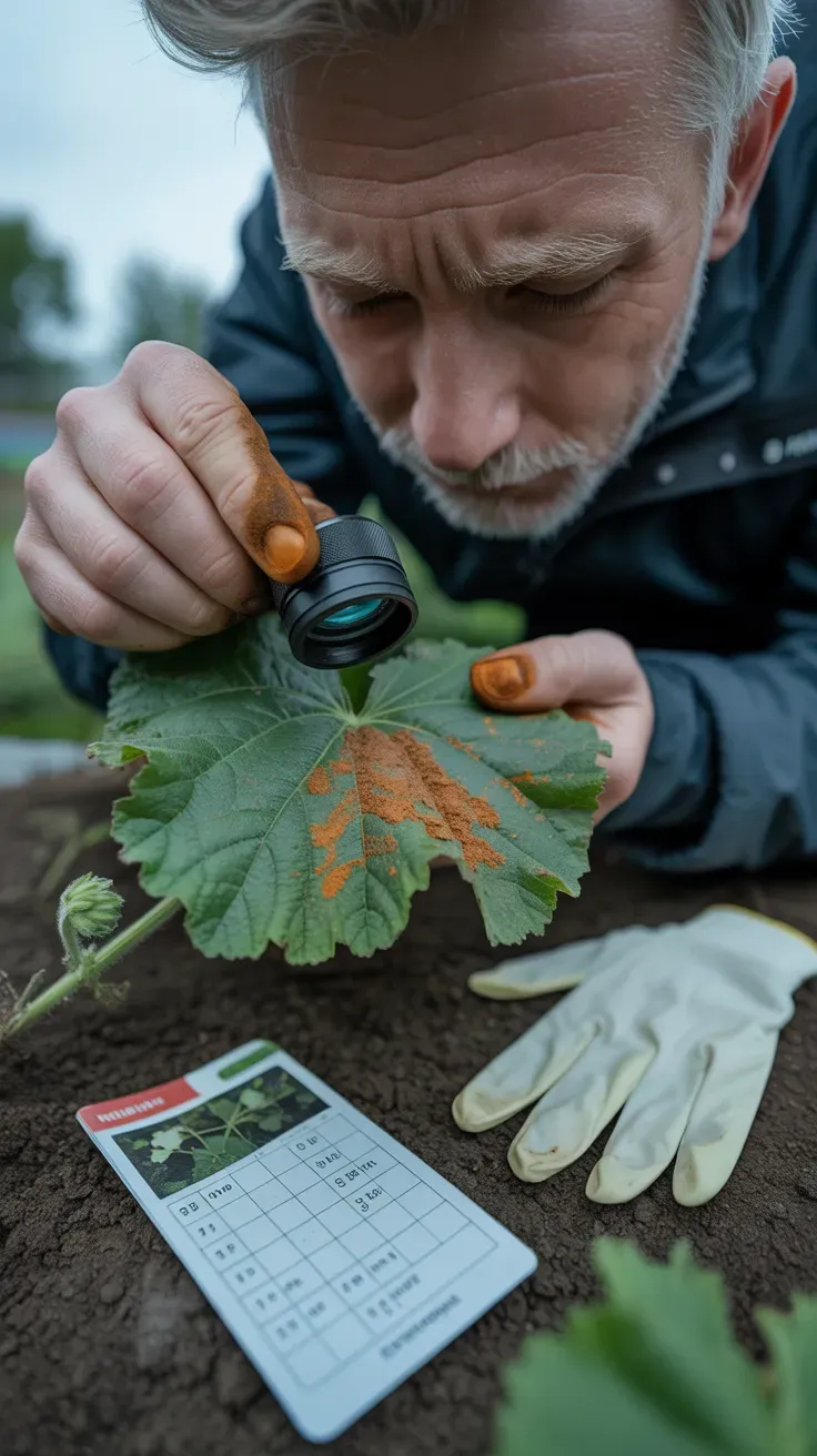Gardener inspecting the underside of a hollyhock leaf for orange rust pustules
