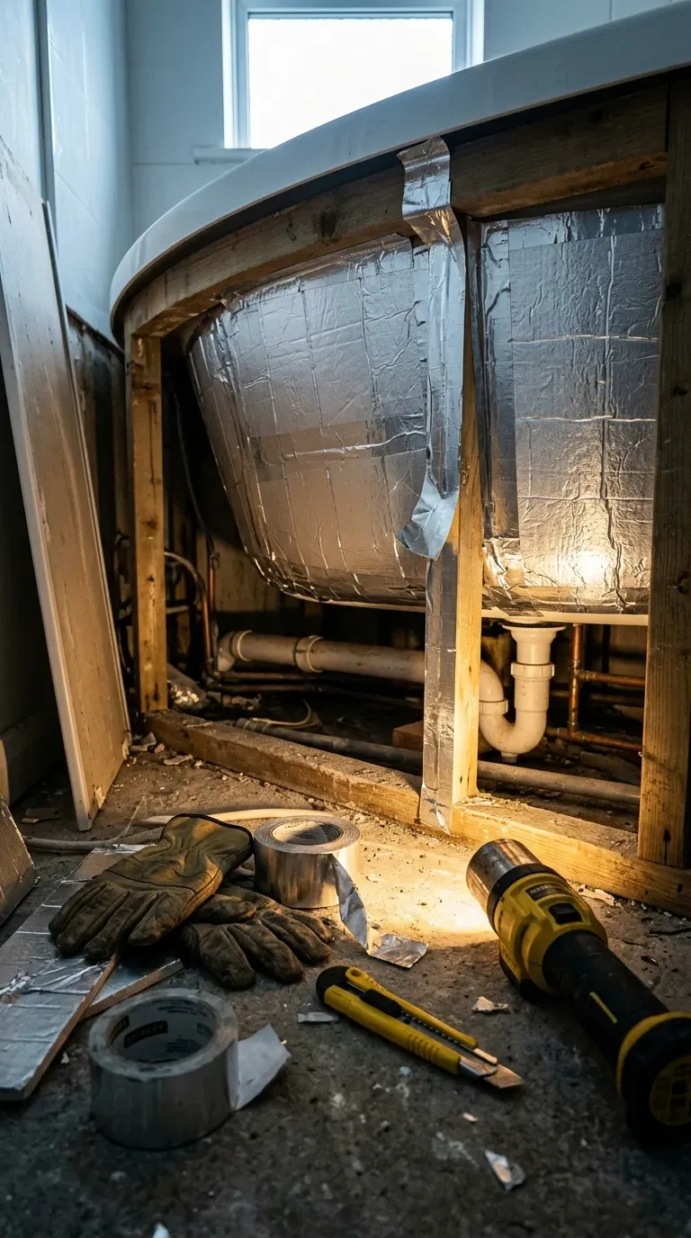 Underside of a bath panel removed showing insulation being fitted around an acrylic tub