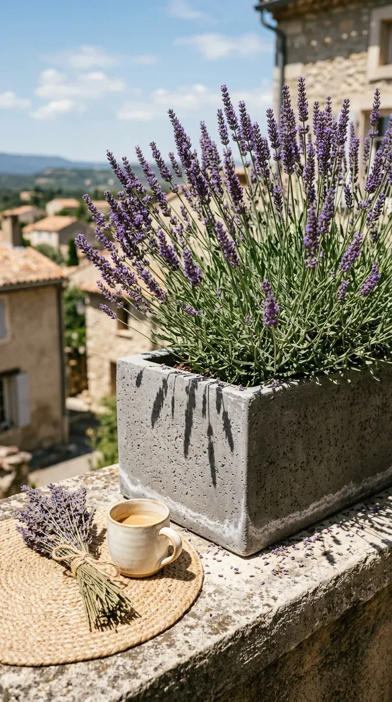 Concrete-look resin box filled with blooming purple lavender on a sunny balcony