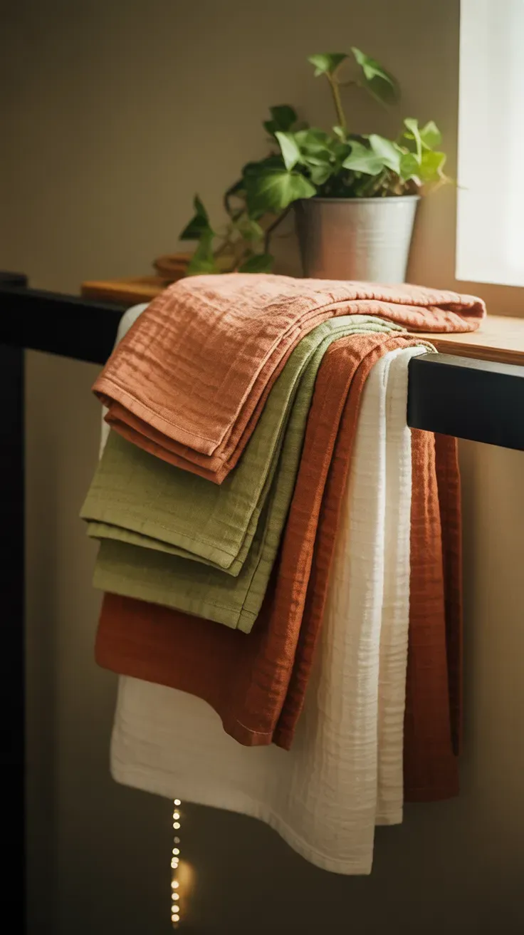 Stack of layered linen hand towels in rust, olive, and cream on a bathroom towel bar