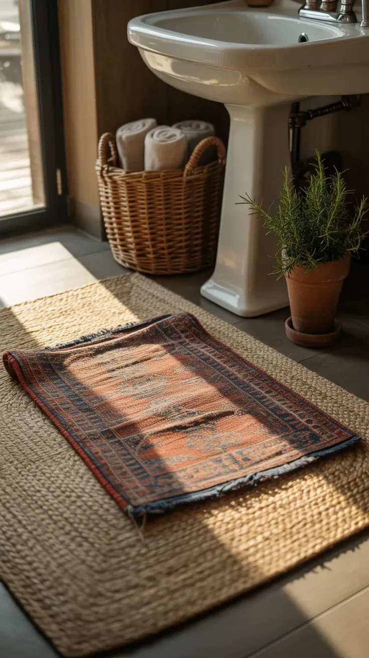 Small vintage patterned rug layered over a larger jute rug in front of a bathroom sink