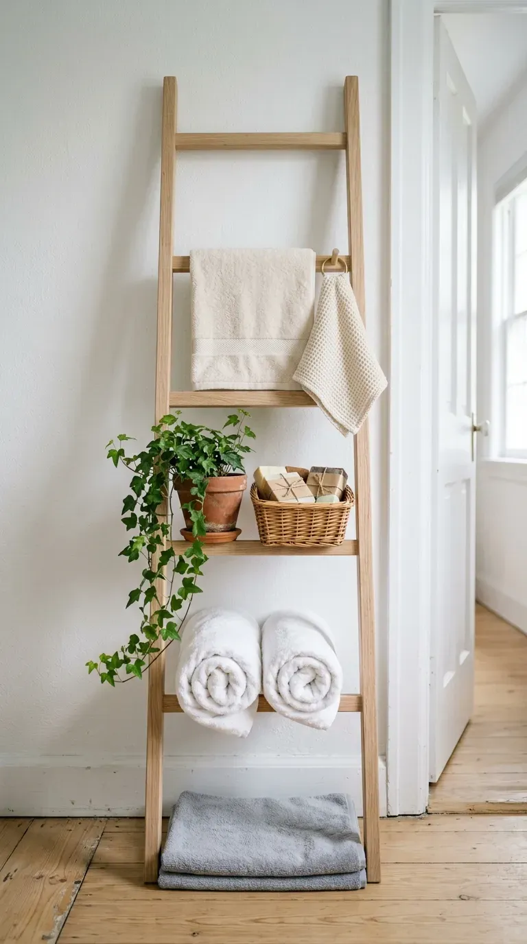 Wooden leaning ladder shelf holding towels and small trailing plants in a bathroom