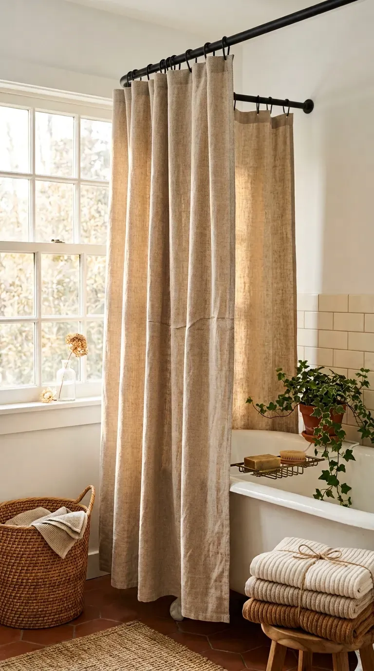 Warm oatmeal linen shower curtain hanging in a bright small bathroom