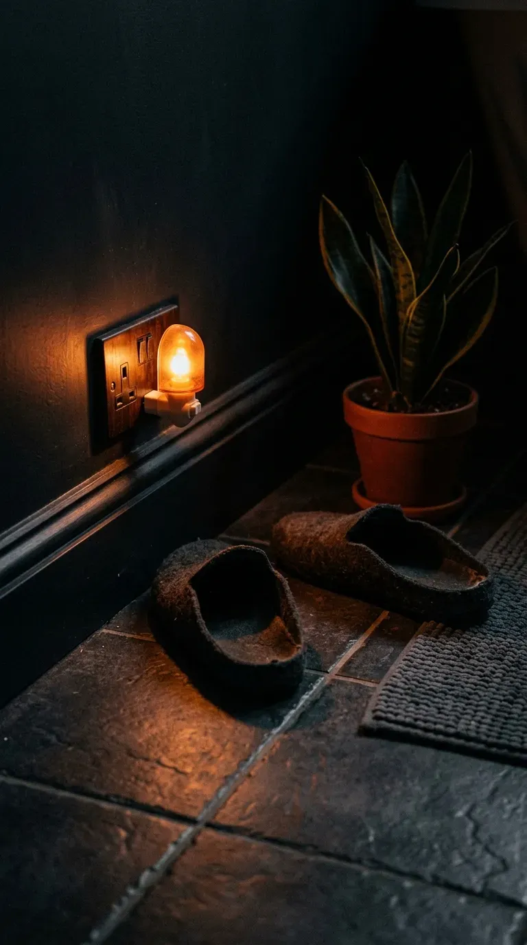 Warm amber plug-in floor nightlight glowing low across dark bathroom tiles at night