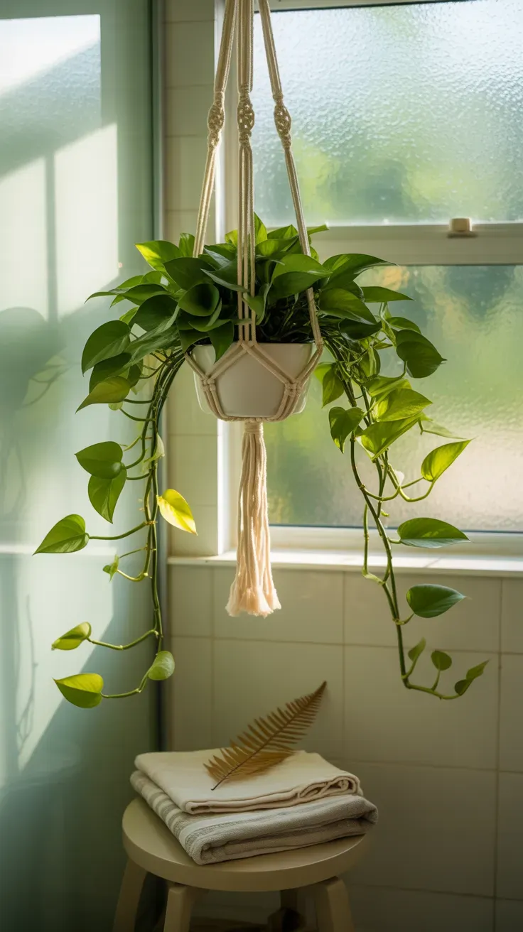 Golden pothos trailing from a macrame plant hanger in a bathroom corner near a window
