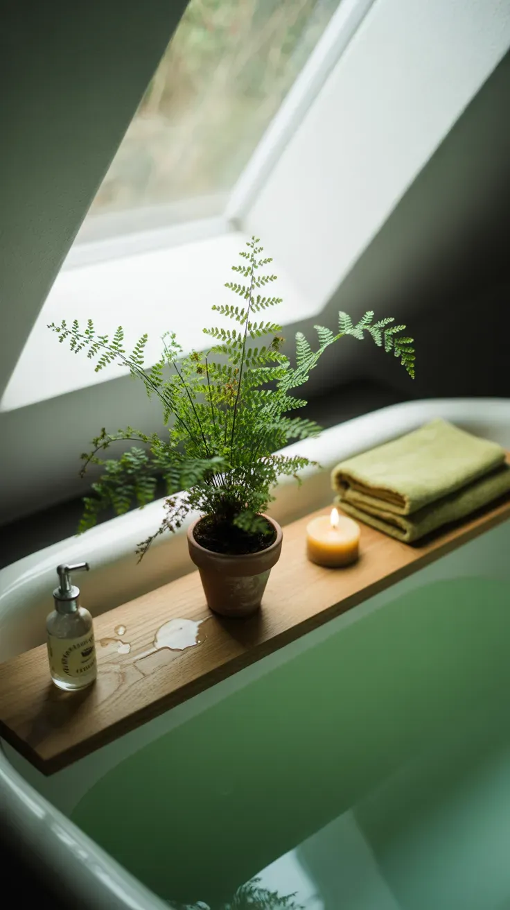Delicate maidenhair fern in a small pot on a floating wood shelf above a tub