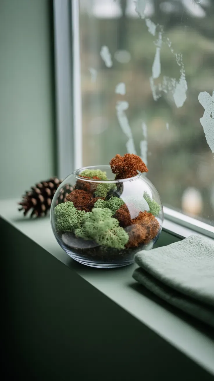 Small glass terrarium filled with preserved reindeer moss on a bathroom windowsill