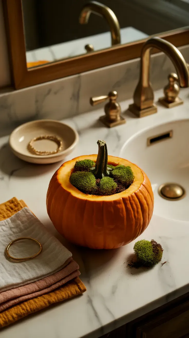 Small pumpkin hollowed and planted with moss sitting on a bathroom vanity