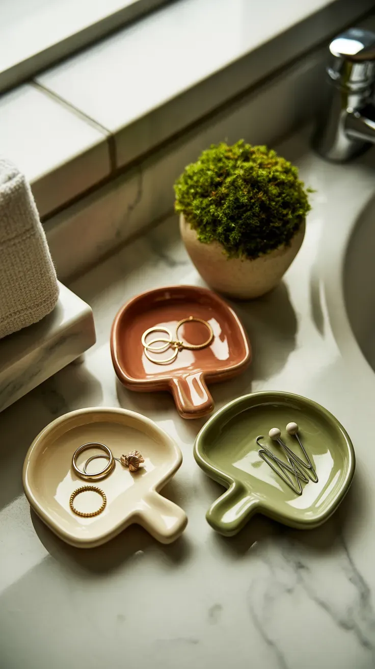 Small ceramic mushroom-shaped trinket dishes holding rings and hair pins on a bathroom counter