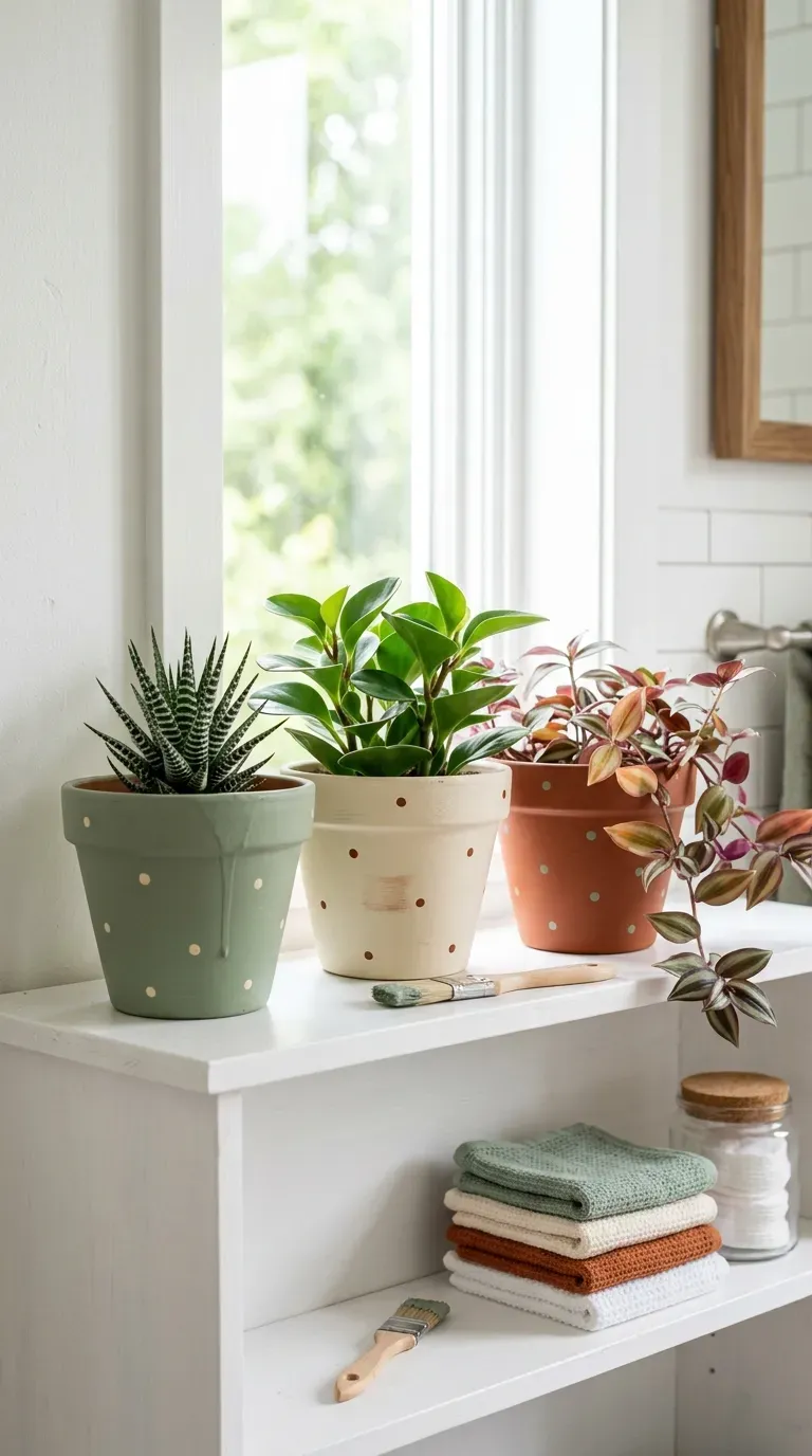 Three hand-painted terracotta pots holding small plants on a bathroom shelf