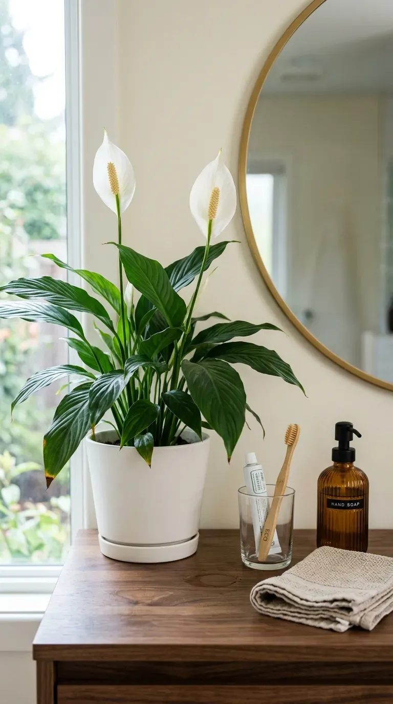 Peace lily with white bloom on a wooden bathroom vanity beside a mirror